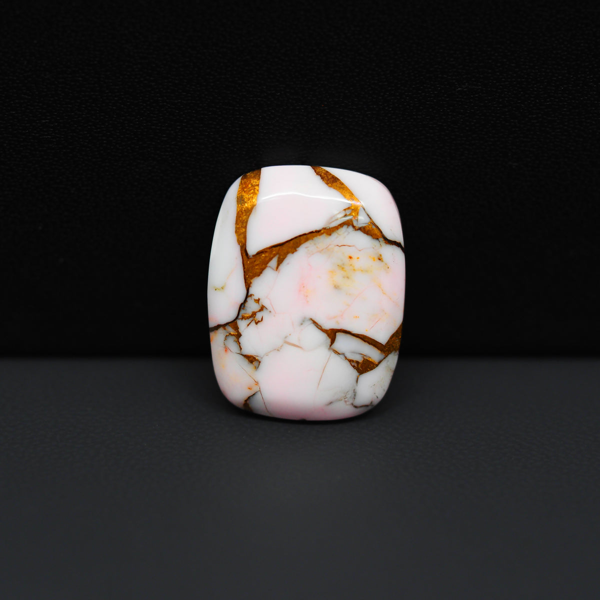 Stabilized Pink Dahlia Cushion Cabochon 20x15x4mm 13ct - soft pink and white with bronze veining, Kingman Arizona - Pedra Gems.