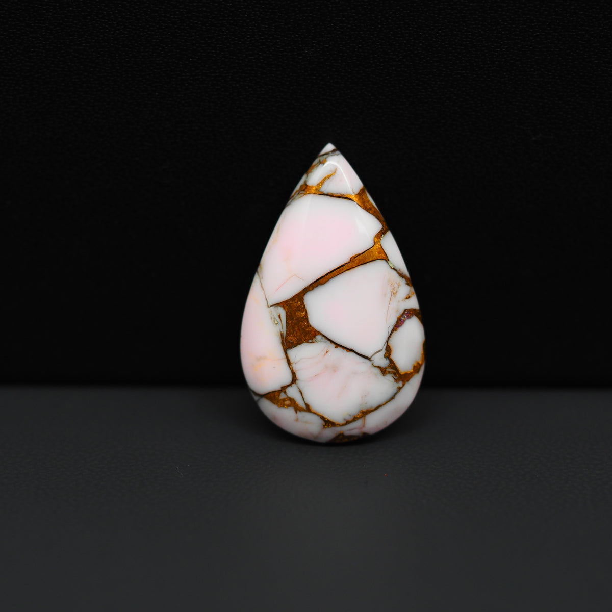 Stabilized Pink Dahlia Pear Cabochon 26x16x4mm 15ct - soft pink and white with bronze veining, Kingman Arizona - Pedra Gems.