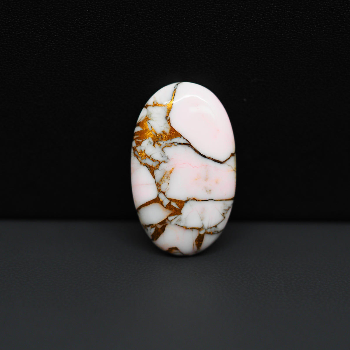 Stabilized Pink Dahlia Oval Cabochon 27x16x4mm 17.5ct - soft pink and white with bronze veining, Kingman Arizona - Pedra Gems.