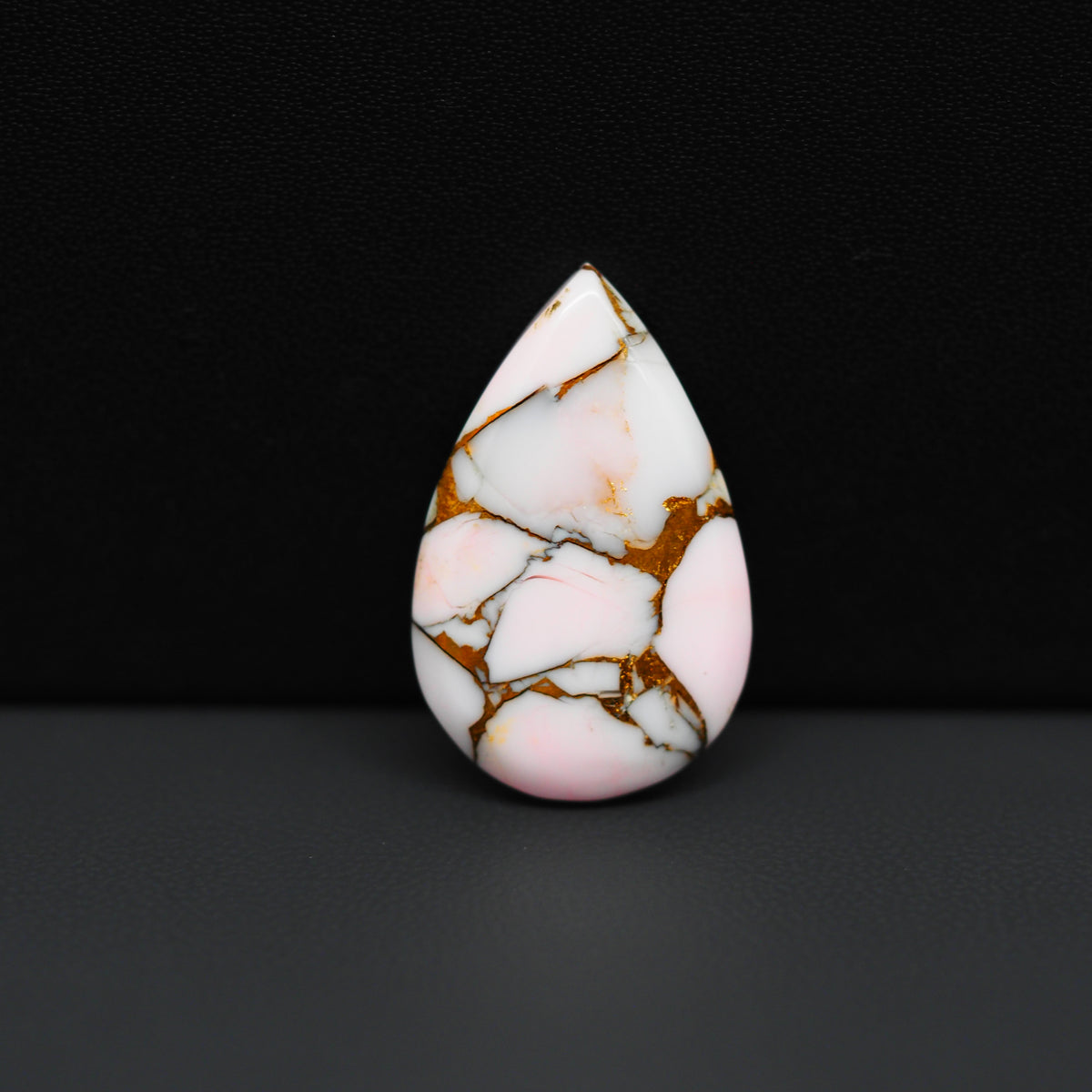 Stabilized Pink Dahlia Pear Cabochon 26x17x4mm 15.5ct - soft pink and white with bronze veining, Kingman Arizona - Pedra Gems.