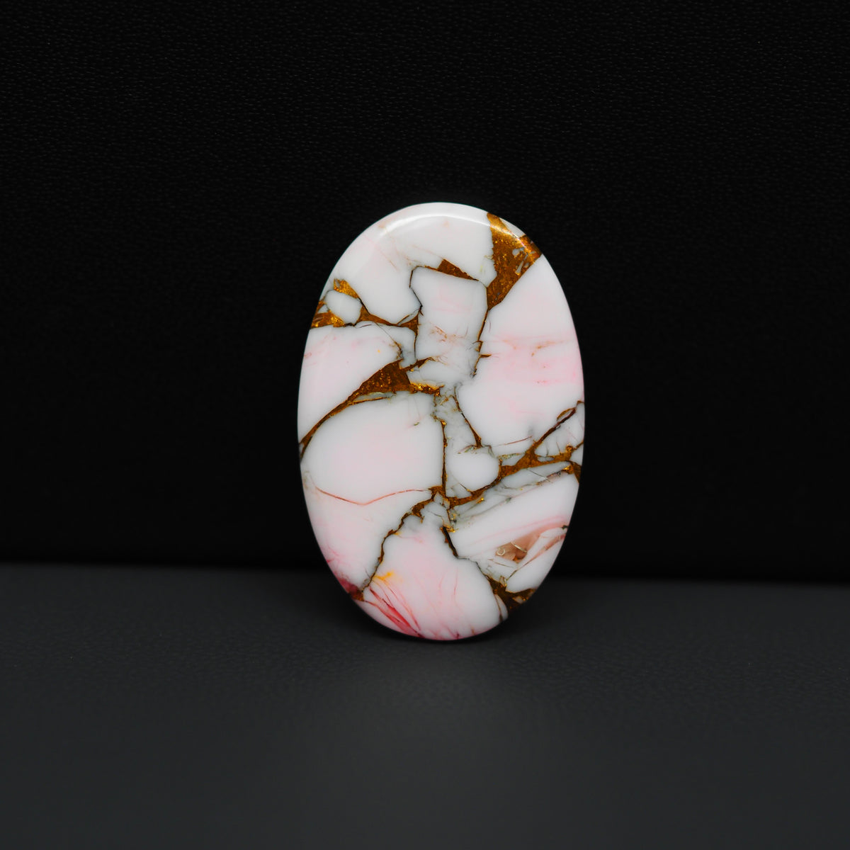 Stabilized Pink Dahlia Oval Cabochon 28x18x2mm 11.5ct - soft pink and white with bronze veining, Kingman Arizona - Pedra Gems.