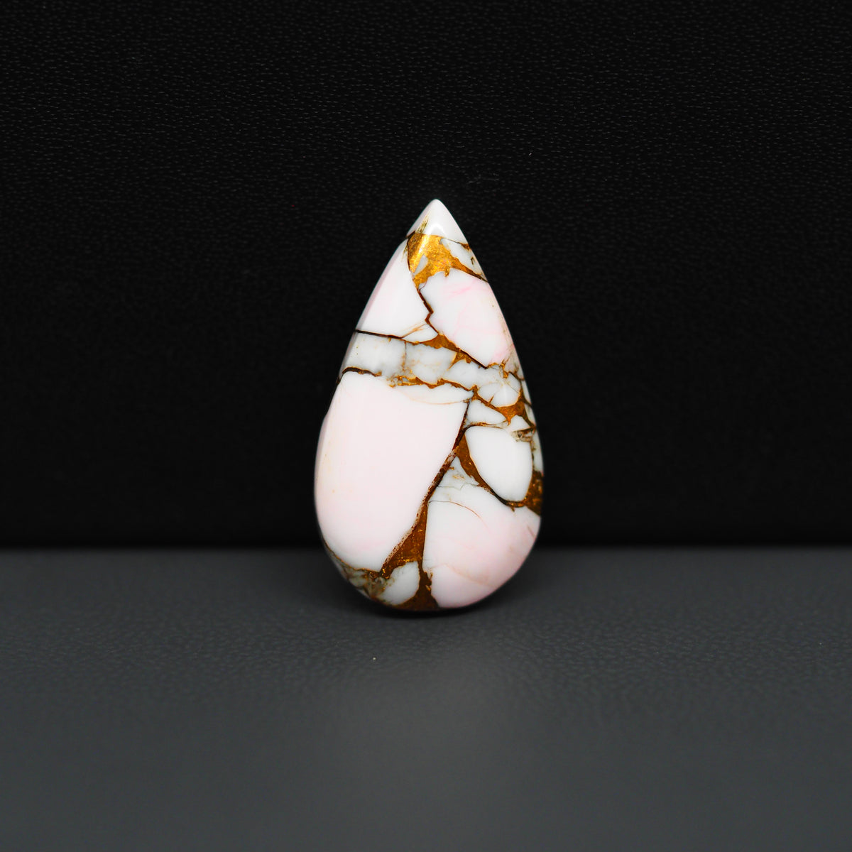 Stabilized Pink Dahlia Pear Cabochon 25x13x4mm 11.5ct - soft pink and white with bronze veining, Kingman Arizona - Pedra Gems.