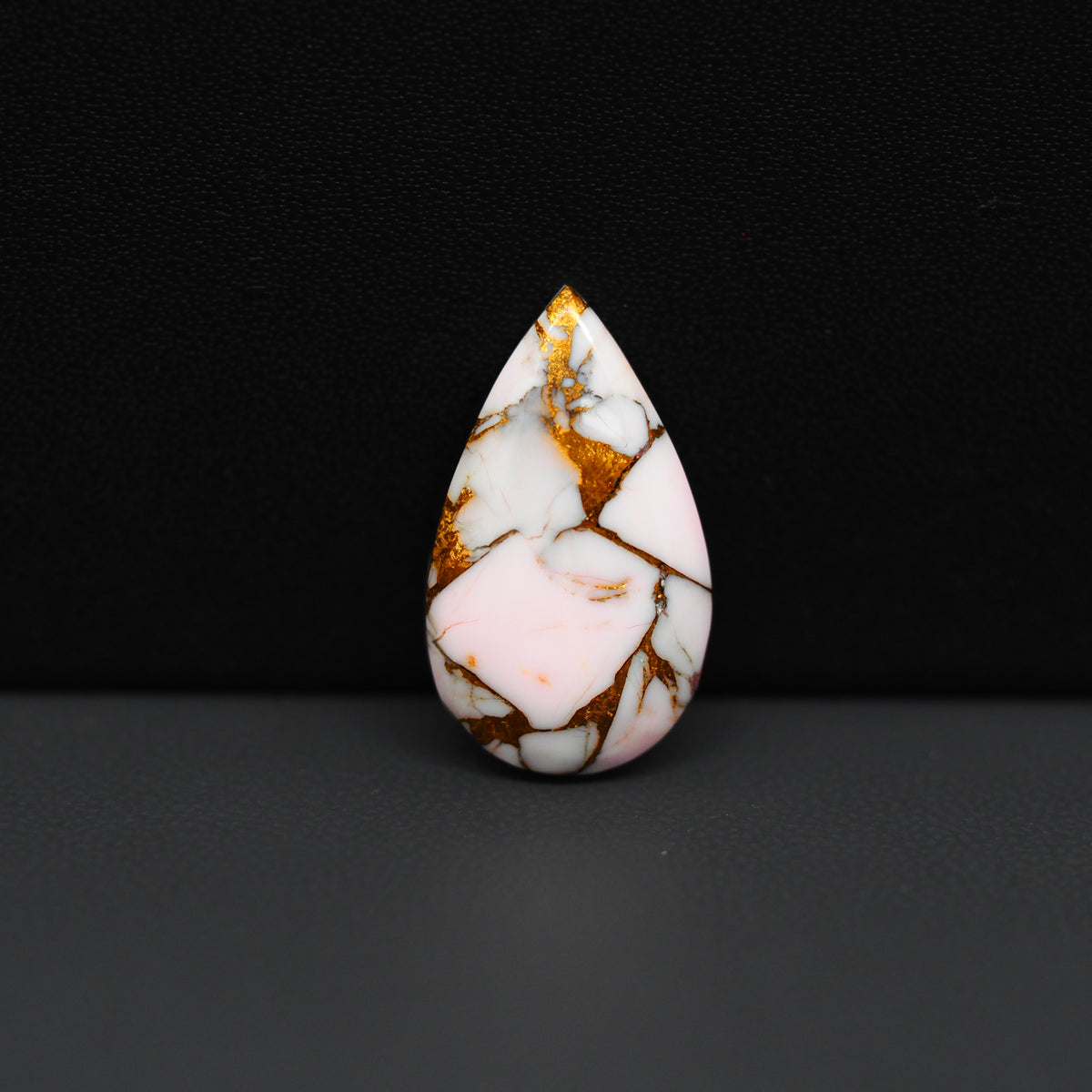 Stabilized Pink Dahlia Pear Cabochon 22x13x4mm 9.5ct - soft pink and white with bronze veining, Kingman Arizona - Pedra Gems.