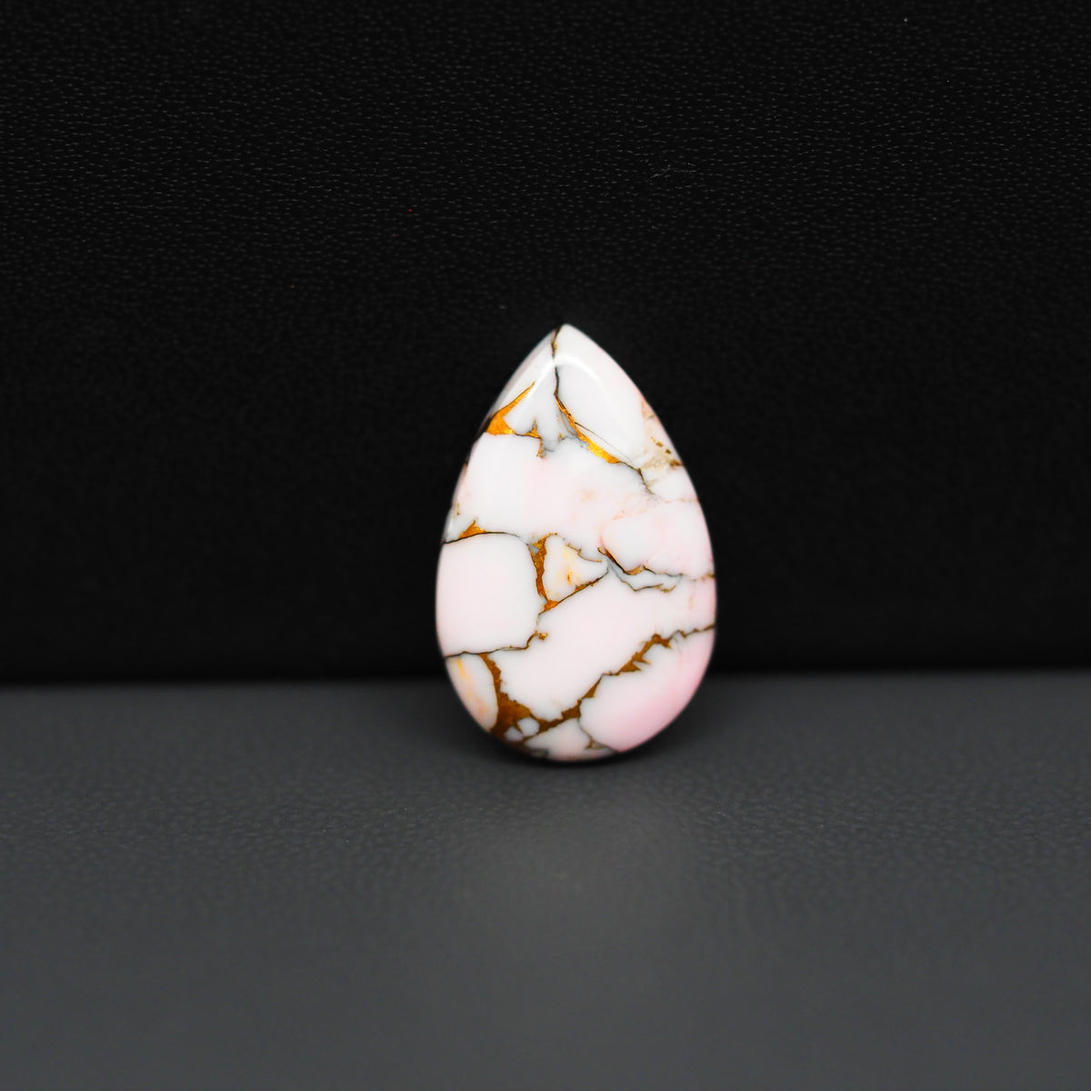 Stabilized Pink Dahlia Pear Cabochon 19x12x4mm 7.5ct - soft pink and white with bronze veining, Kingman Arizona - Pedra Gems.
