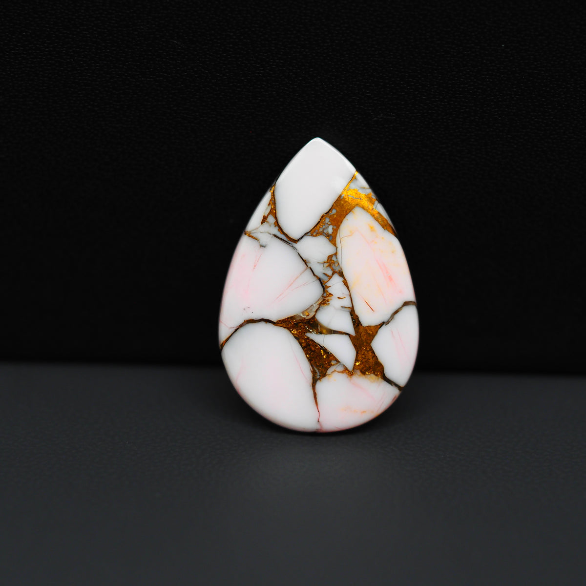 Stabilized Pink Dahlia Pear Cabochon 25x17x2mm 10ct - soft pink and white with bronze veining, Kingman Arizona - Pedra Gems.