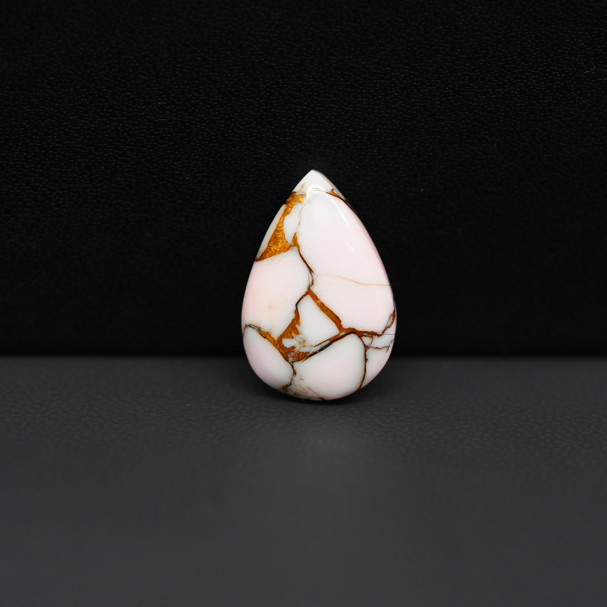 Stabilized Pink Dahlia Pear Cabochon 18x12x3mm 6.5ct - soft pink and white with bronze veining, Kingman Arizona - Pedra Gems.