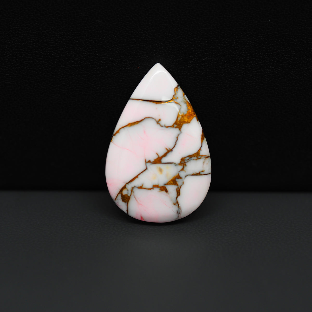 Stabilized Pink Dahlia Pear Cabochon 26x18x4mm 15ct - soft pink and white with bronze veining, Kingman Arizona - Pedra Gems.