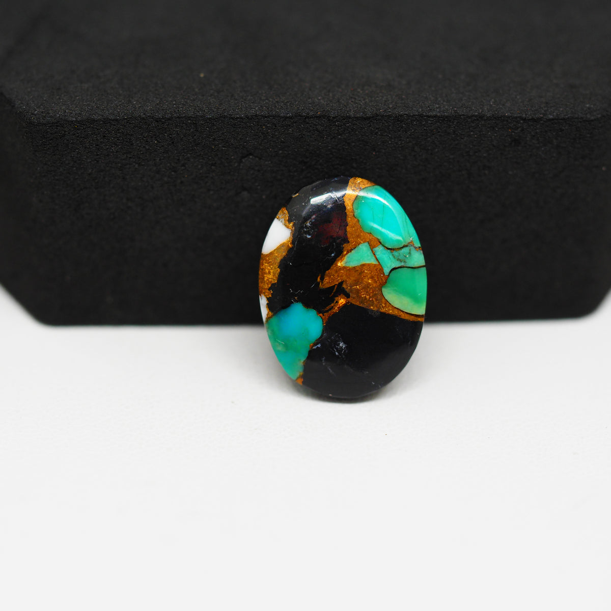 Natural Turquoise & White Buffalo Oval Cabochon 18x13mm 8.5ct - White with Blue-Green Turquoise and Golden Matrix - Pedra Gems