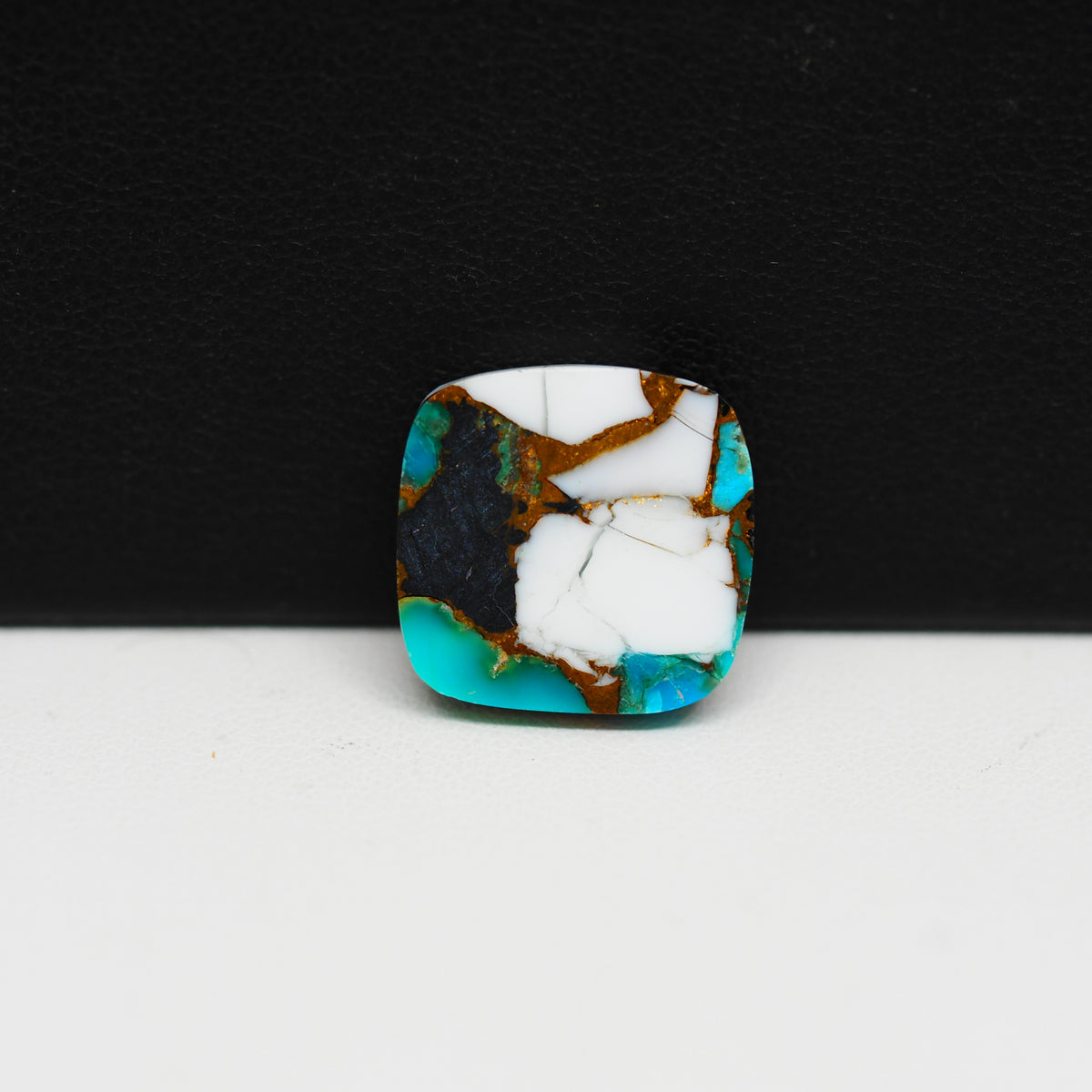 Natural Turquoise & White Buffalo Cushion Cabochon 15x15mm 9.5ct - White with Blue-Green Turquoise Black Onyx and Golden Matrix - Pedra Gems