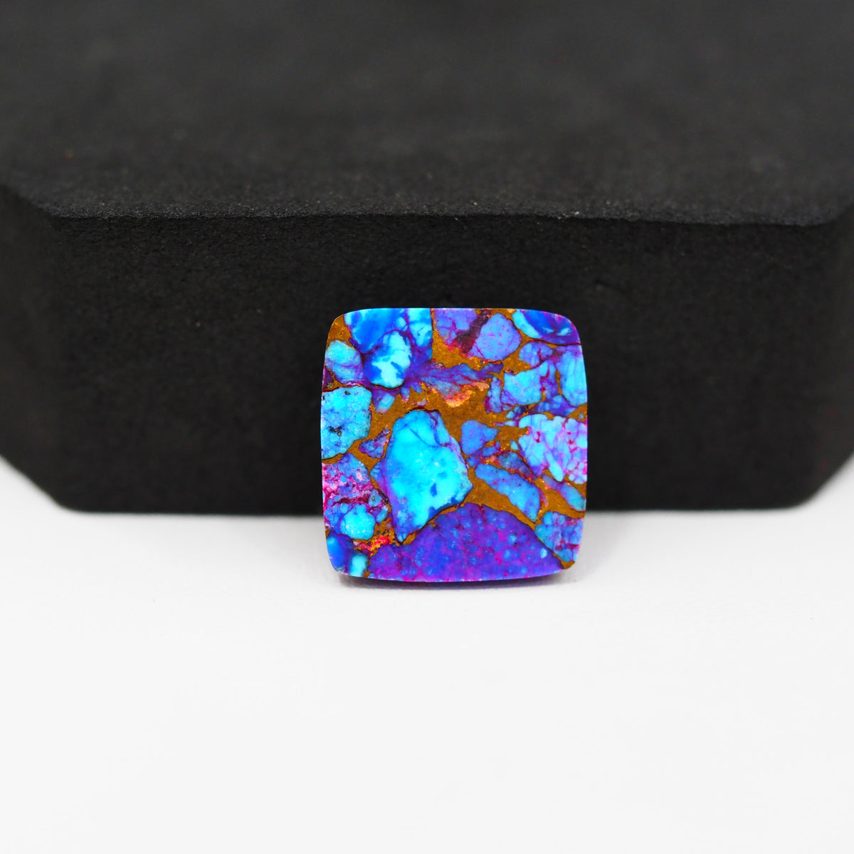 Stabilized Purple Mohave (Mojave) Turquoise Cushion Cabochon 16x16x5mm 13.5ct - purple with blue Kingman turquoise nuggets and bronze veining - Pedra Gems.
