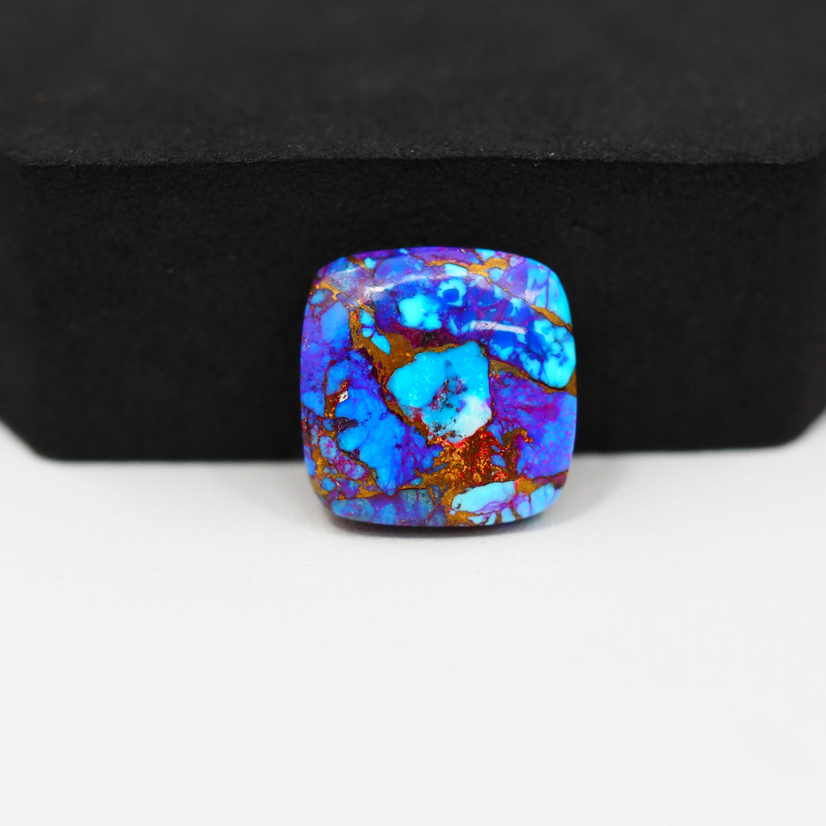 Stabilized Purple Mohave (Mojave) Turquoise Cushion Cabochon 16x16x4mm 12.5ct - purple with blue Kingman turquoise nuggets and bronze veining - Pedra Gems.