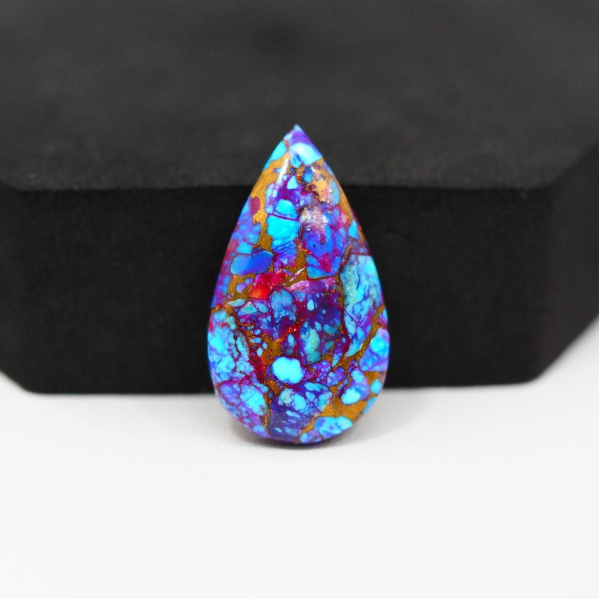 Stabilized Purple Mohave (Mojave) Turquoise Pear Cabochon 28x16x5mm 17.5ct - purple with blue Kingman turquoise nuggets and bronze veining - Pedra Gems.