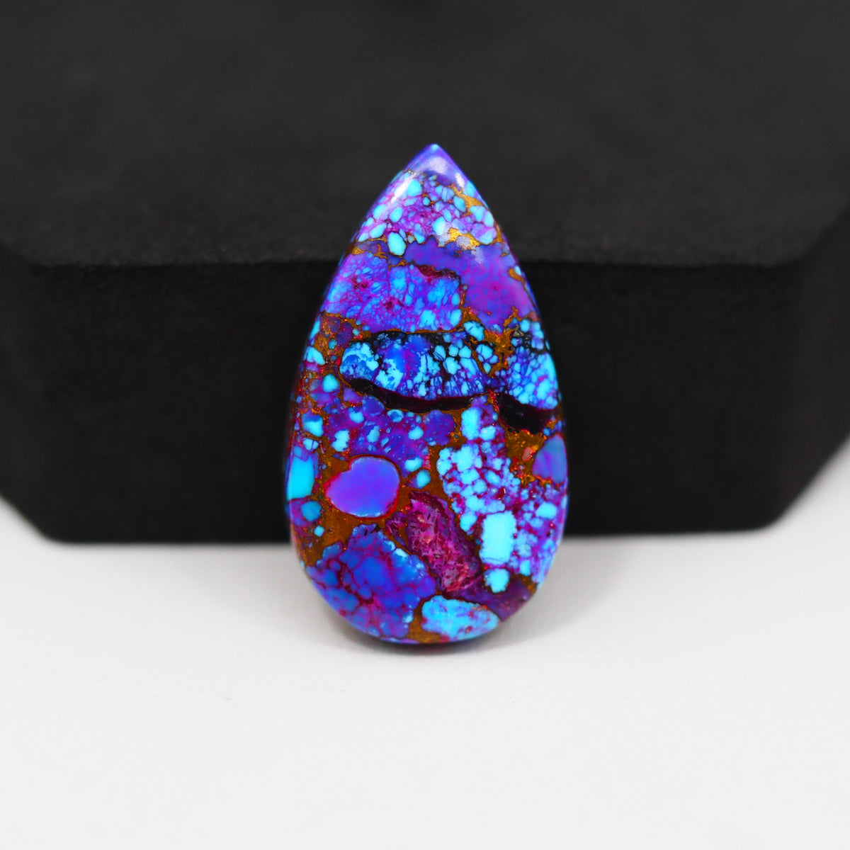 Stabilized Purple Mohave (Mojave) Turquoise Pear Cabochon 30x17x4mm 21.5ct - purple with blue Kingman turquoise nuggets and bronze veining - Pedra Gems.
