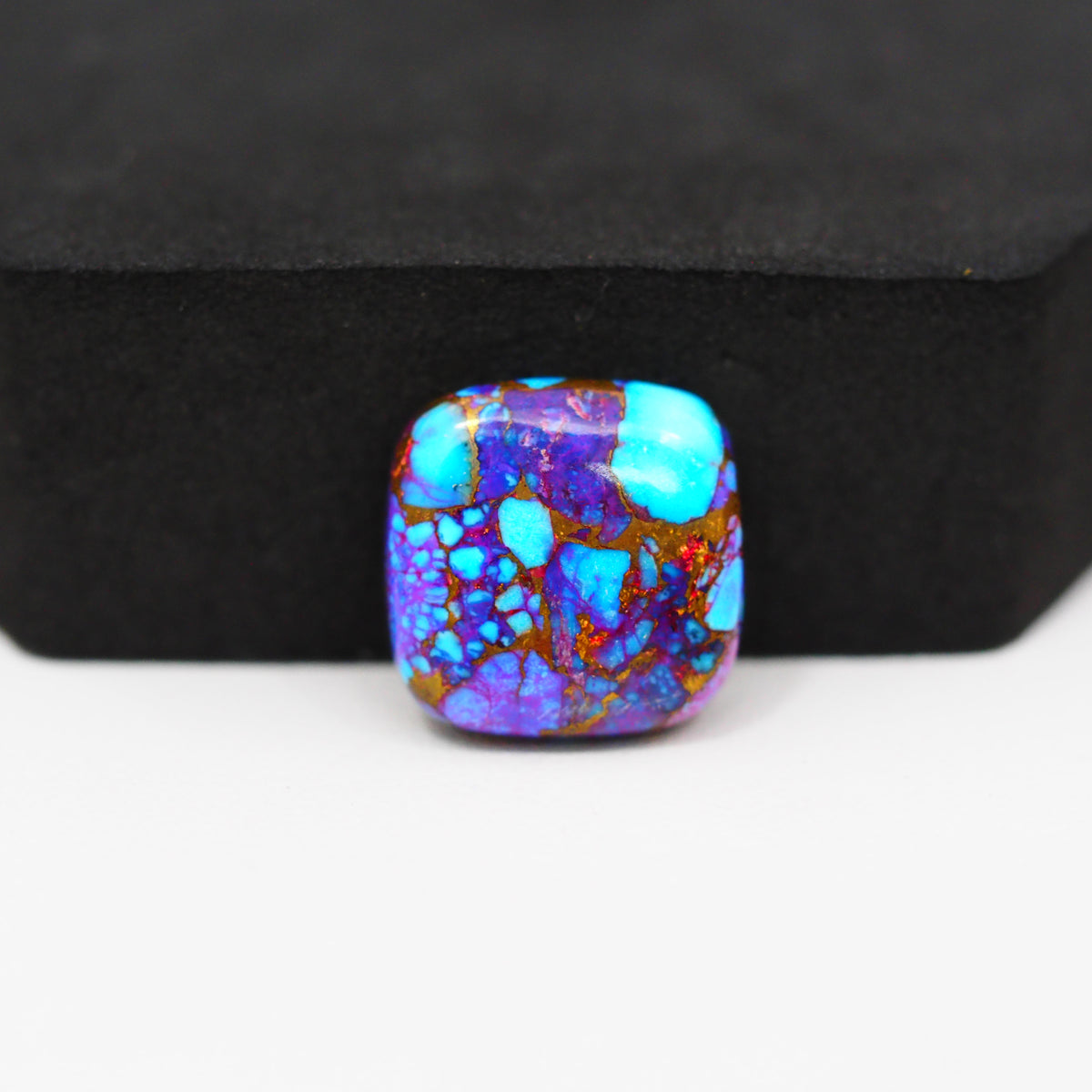 Stabilized Purple Mohave (Mojave) Turquoise Cushion Cabochon 16x16x4mm 12.5ct - purple with blue Kingman turquoise nuggets and bronze veining - Pedra Gems.