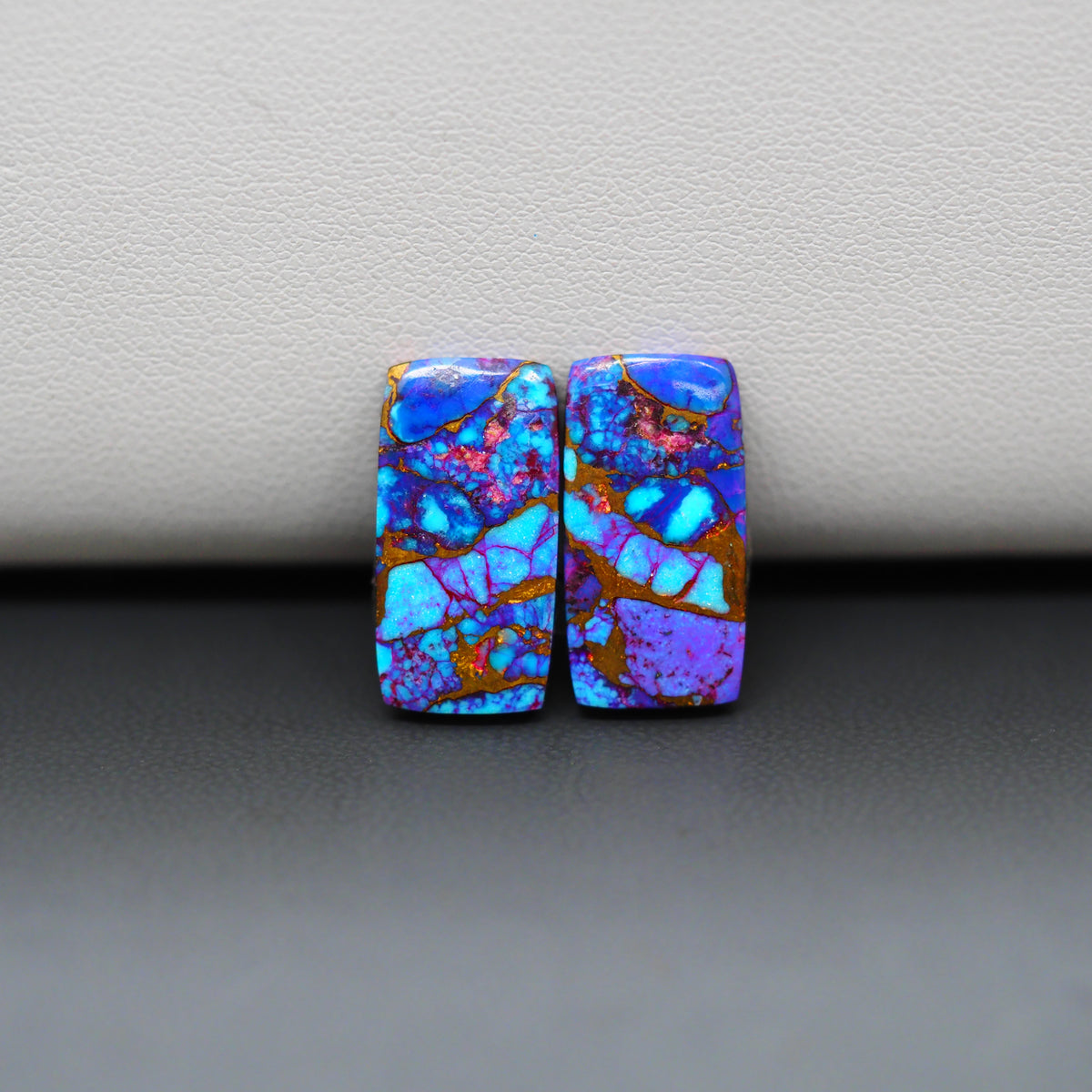 Stabilized Purple Mohave (Mojave) Turquoise baguette cabochon pair 18x9x3mm 12ct - purple with blue Kingman turquoise nuggets - photo 4 - Pedra Gems.