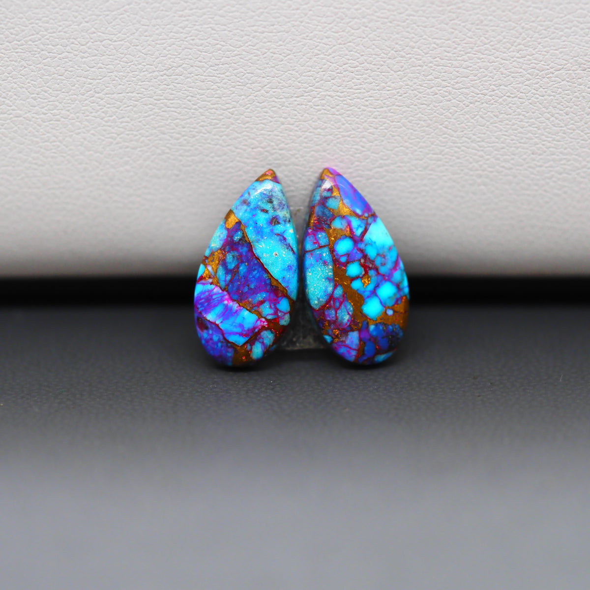Stabilized Purple Mohave (Mojave) Turquoise pear cabochon pair 17x9x3mm 9ct - purple with blue Kingman turquoise nuggets - photo 2 - Pedra Gems.