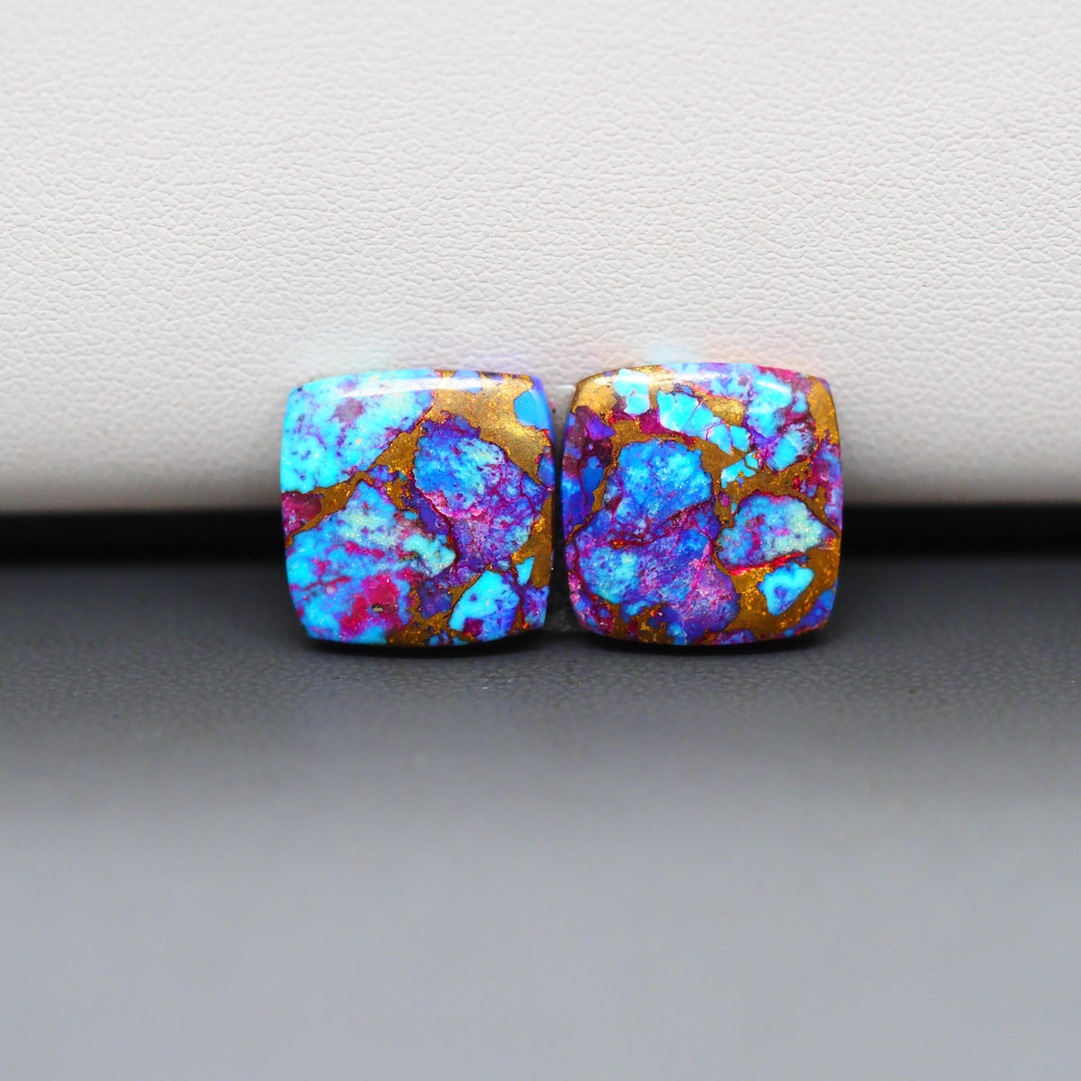 Stabilized Purple Mohave (Mojave) Turquoise cushion cabochon pair 14x14x3mm 15ct - purple with blue Kingman turquoise nuggets - photo 2 - Pedra Gems.