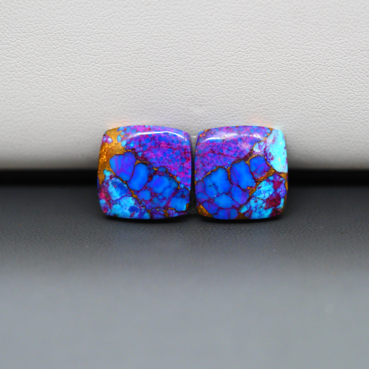 Stabilized Purple Mohave (Mojave) Turquoise cushion cabochon pair 24x14x3mm 15.5ct - purple with blue Kingman turquoise nuggets - photo 4 - Pedra Gems.