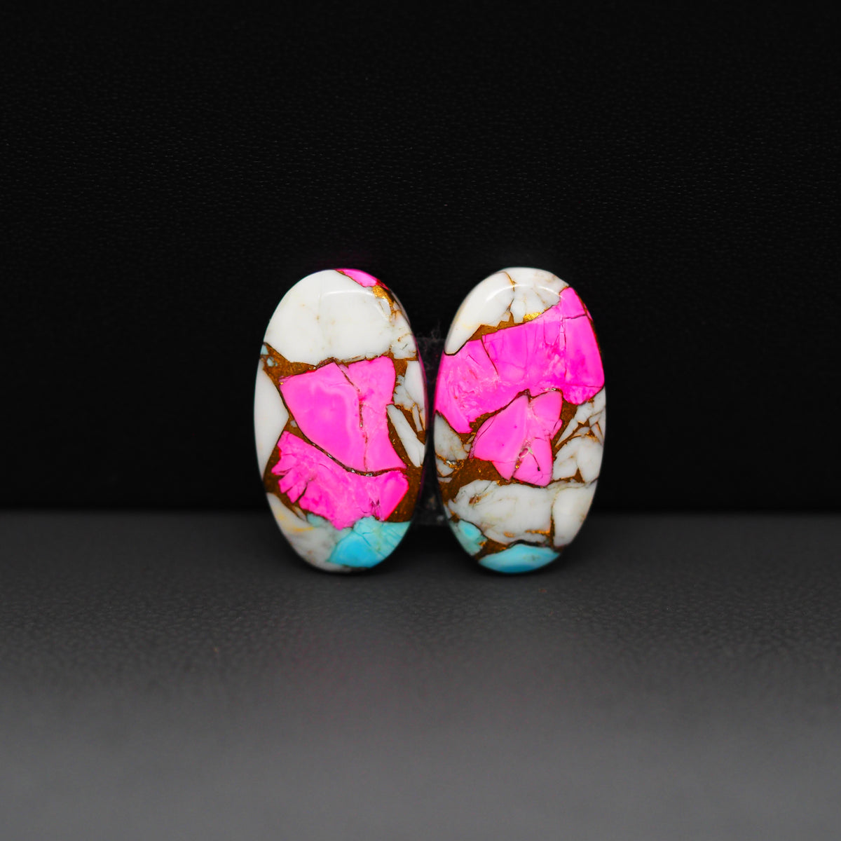 Cotton Candy Oval Cabochon Pair 18x10x3mm 11ct - pink, white and turquoise blue - Pedra Gems