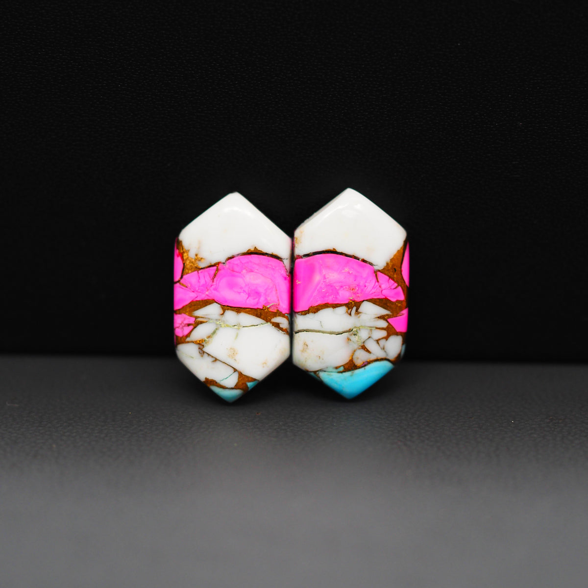 Cotton Candy Hexagon Cabochon Pair 16x11x3mm 16ct - pink, white and turquoise blue - Pedra Gems
