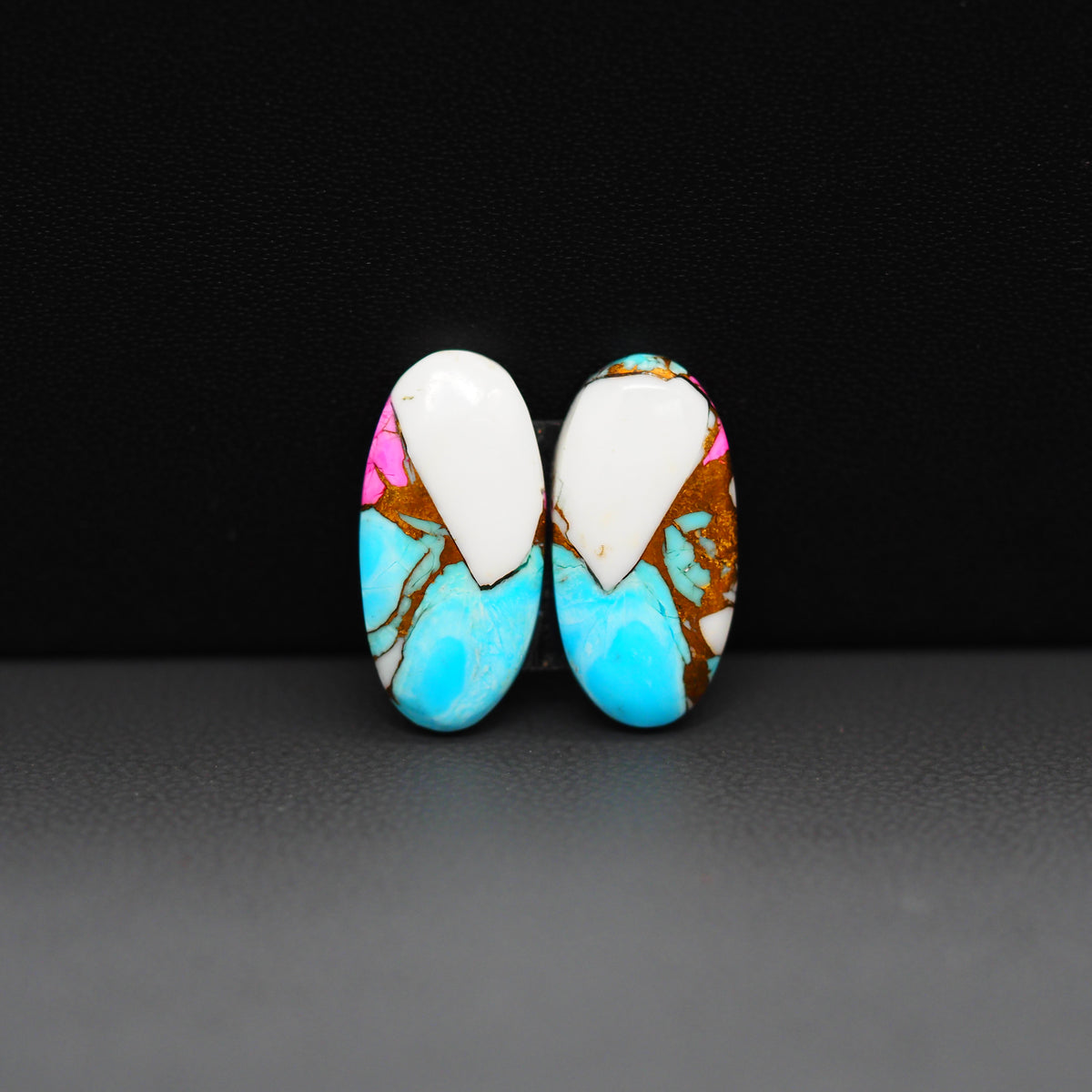 Cotton Candy Oval Cabochon Pair 18x9x3mm 10ct - turquoise blue, white and pink - Pedra Gems