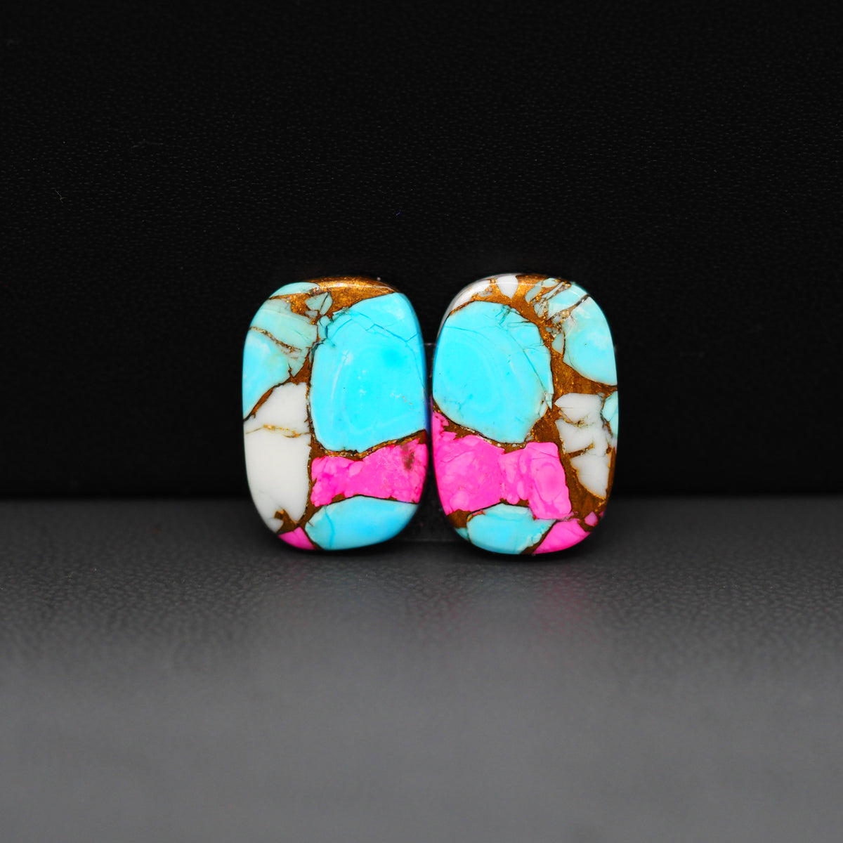 Cotton Candy Cushion Cabochon Pair 17x12x3mm 13ct - turquoise blue, white and pink - Pedra Gems