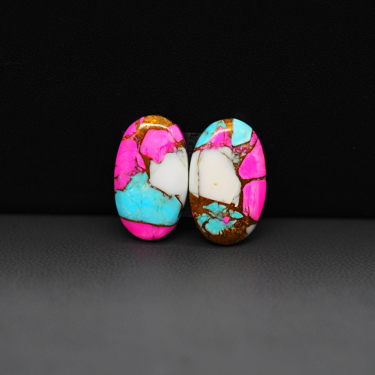 Cotton Candy Oval Cabochon Pair 18x11x3mm 13ct - pink, white and turquoise blue - Pedra Gems