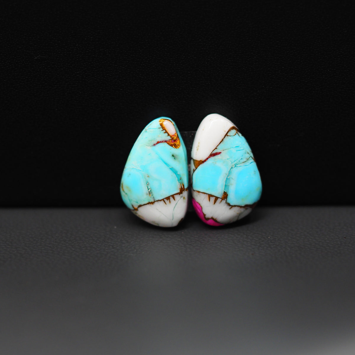 Cotton Candy Freeform Cabochon Pair 16x9x4mm 11.5ct - turquoise blue, white and pink - Pedra Gems