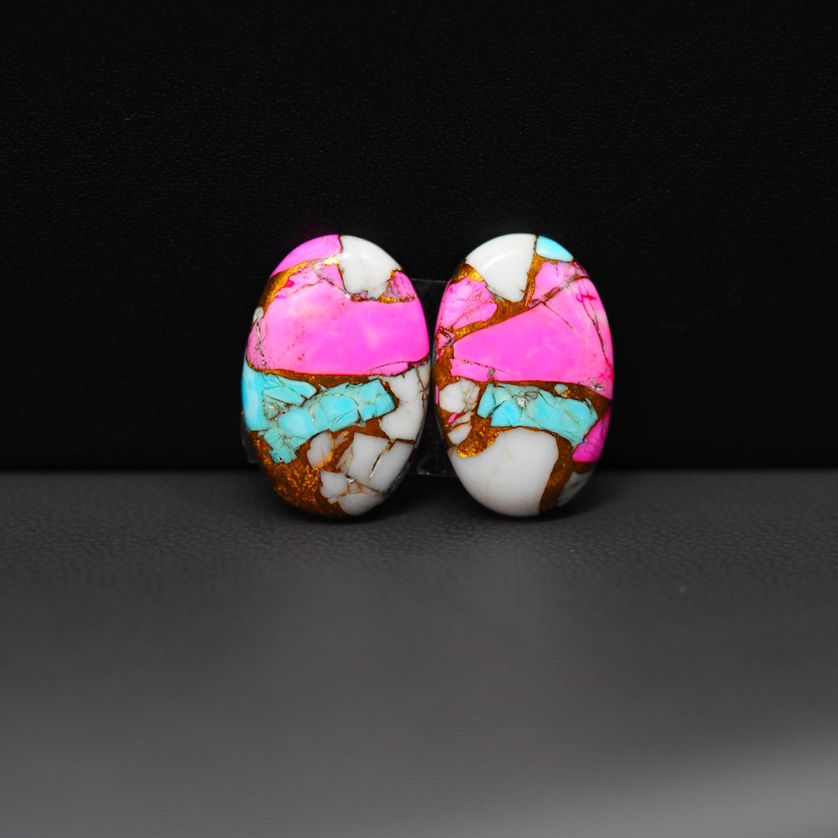 Cotton Candy Oval Cabochon Pair 14x9x3mm 6.5ct - pink, turquoise blue and white - Pedra Gems