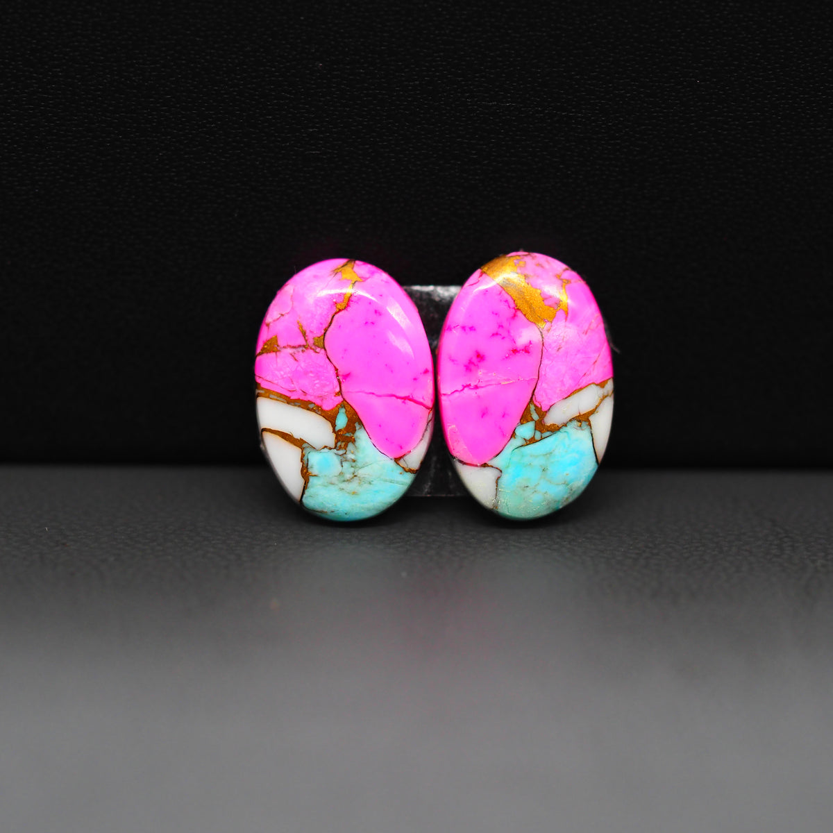Cotton Candy Oval Cabochon Pair 15x11x3mm 10.5ct - pink, turquoise blue and white - Pedra Gems