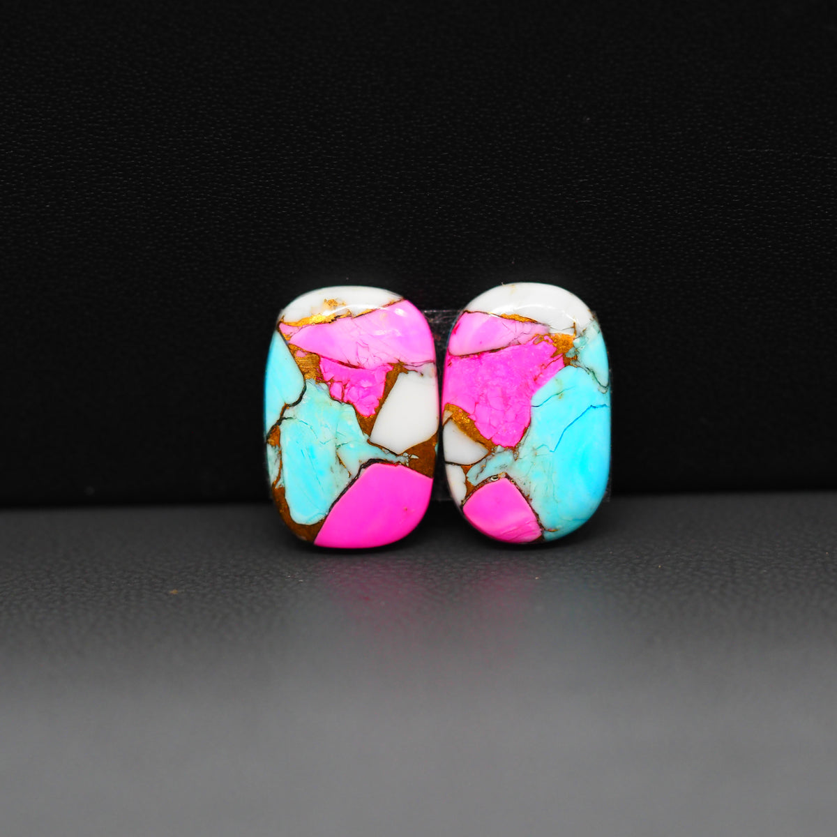 Cotton Candy Cushion Cabochon Pair 16x11x3mm 10.5ct - turquoise blue, pink and white - Pedra Gems
