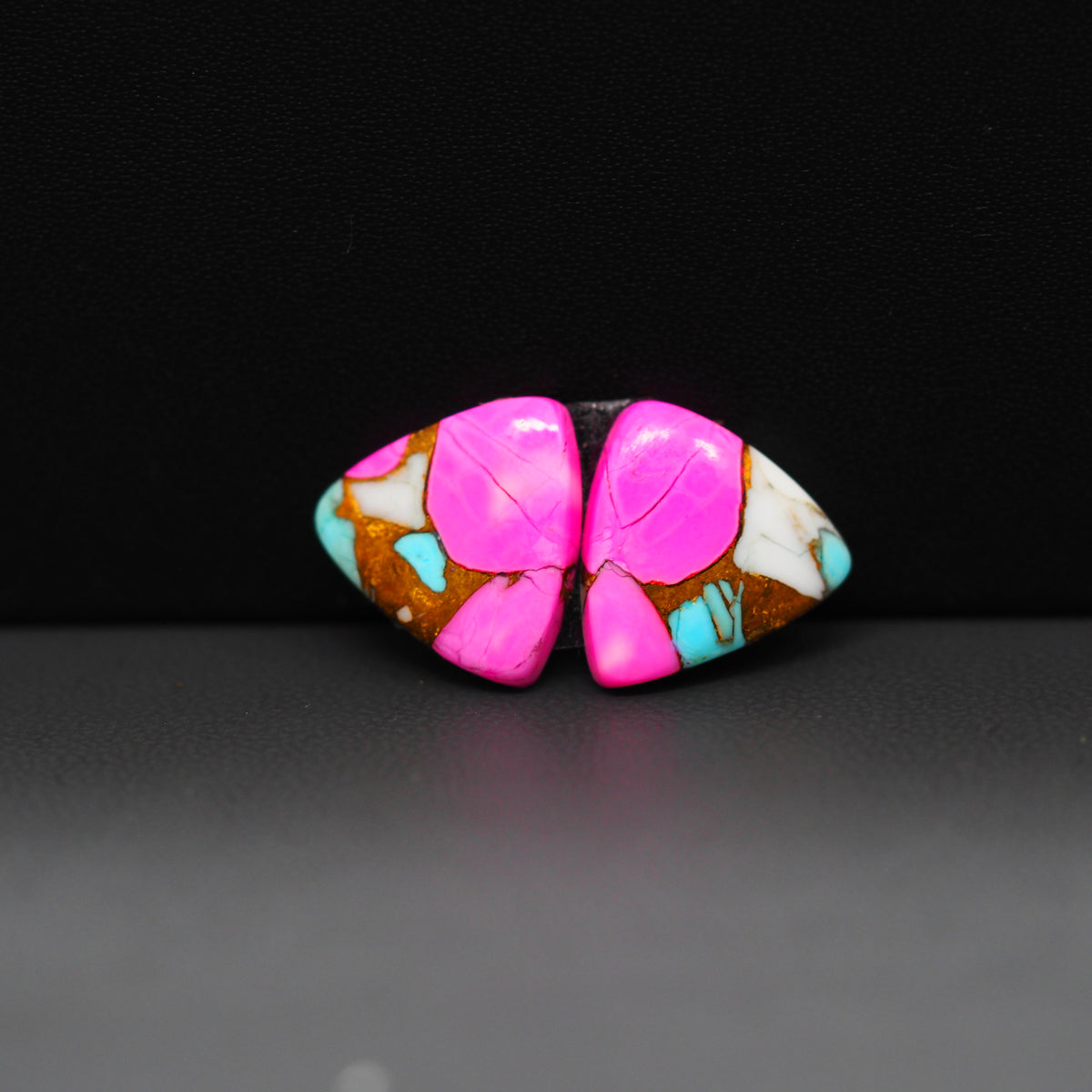 Cotton Candy Trillion Cabochon Pair 14x13x3mm 9.5ct - pink, white and turquoise blue - Pedra Gems