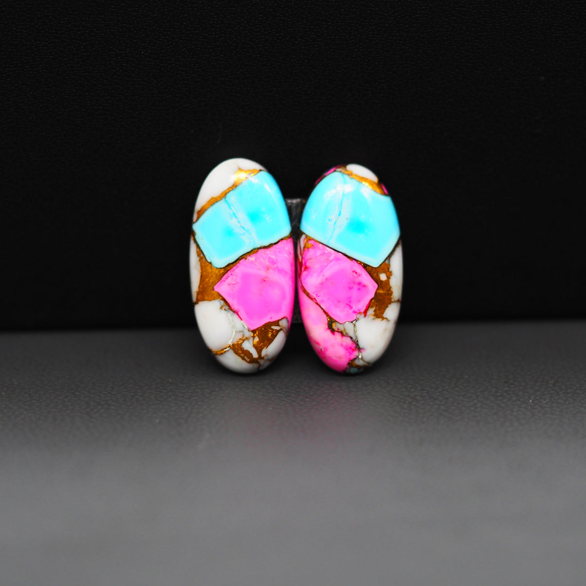 Cotton Candy Oval Cabochon Pair 21x10x3mm 13.5ct - turquoise blue, pink and white - Pedra Gems