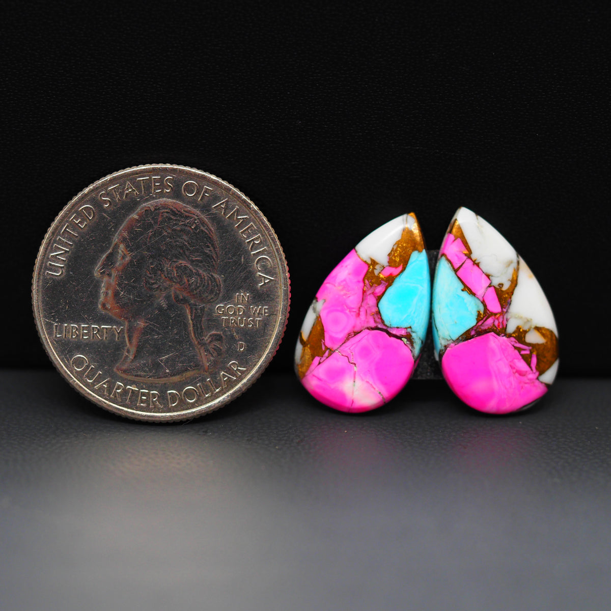 Cotton Candy Pear Cabochon Pair 20x12x4mm 11ct - pink, white and turquoise blue - Pedra Gems