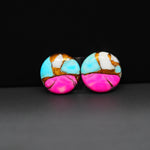 Cotton Candy Round Cabochon Pair 15x15x3mm 12.5ct - turquoise blue, pink and white - Pedra Gems