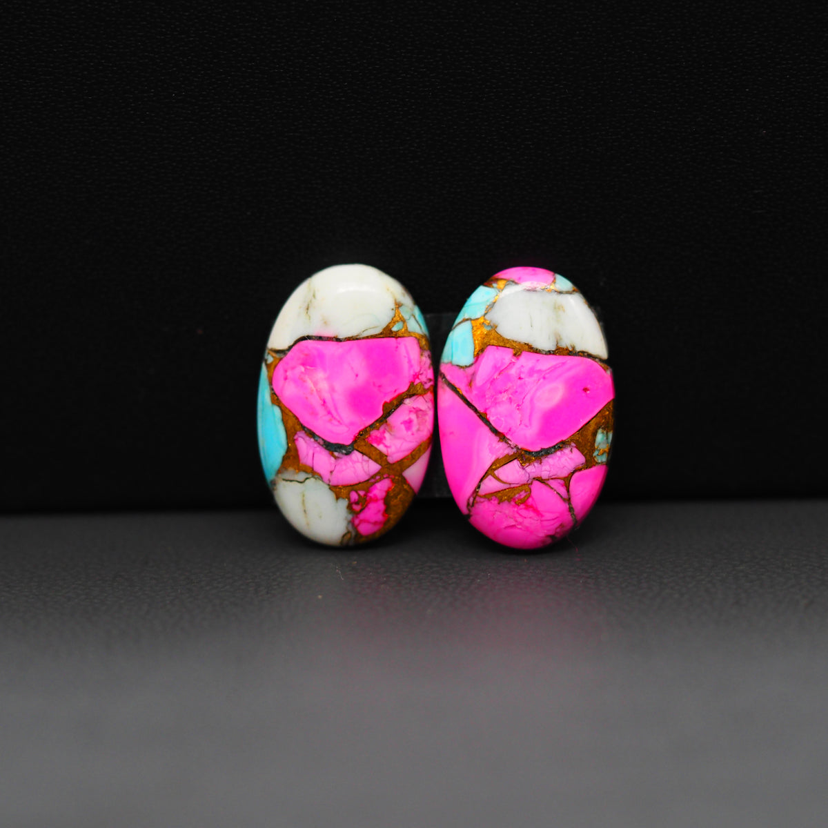Cotton Candy Oval Cabochon Pair 18x13x3mm 13.5ct - pink, white and turquoise blue - Pedra Gems