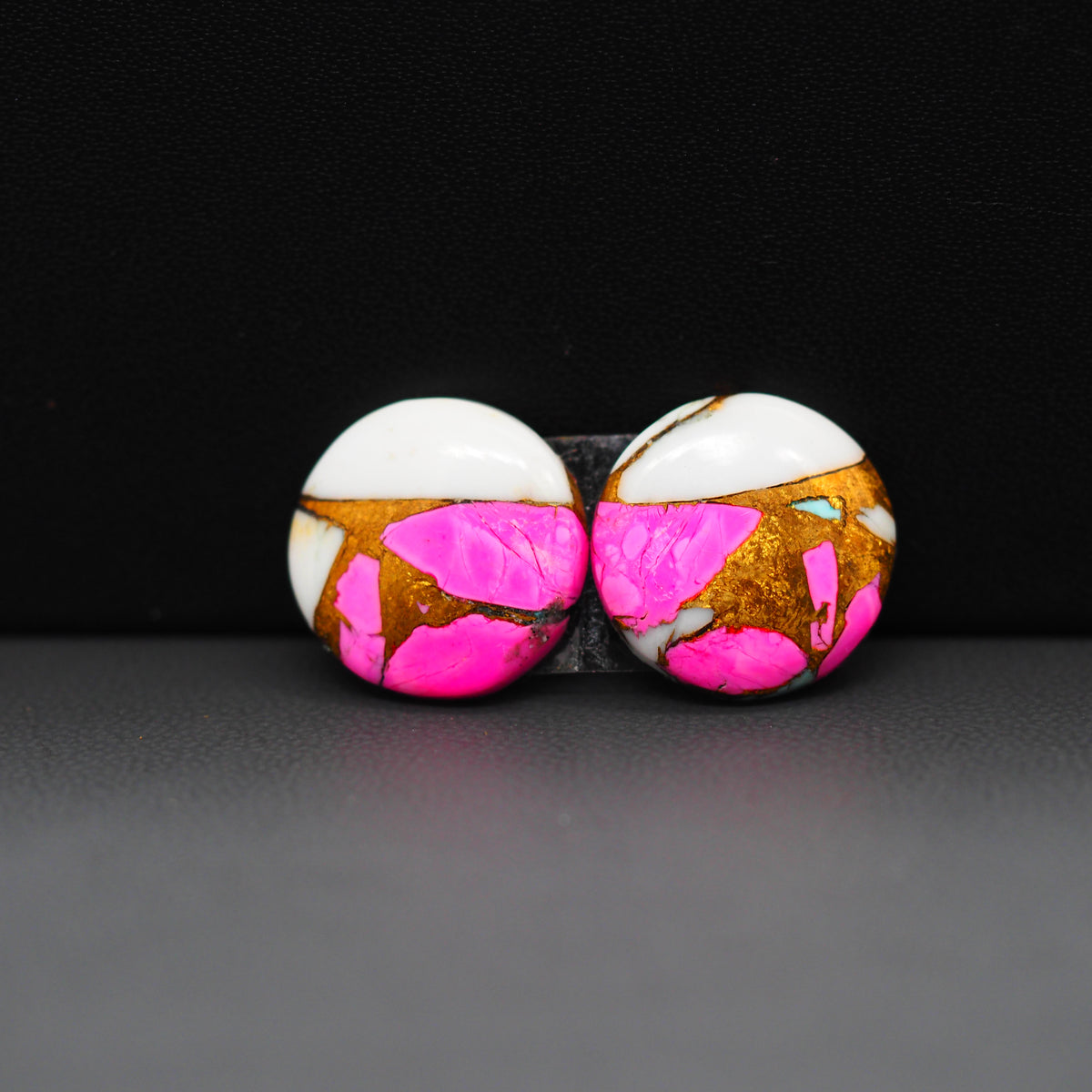 Cotton Candy Round Cabochon Pair 15x15x3mm 15.5ct - white, pink and turquoise blue - Pedra Gems