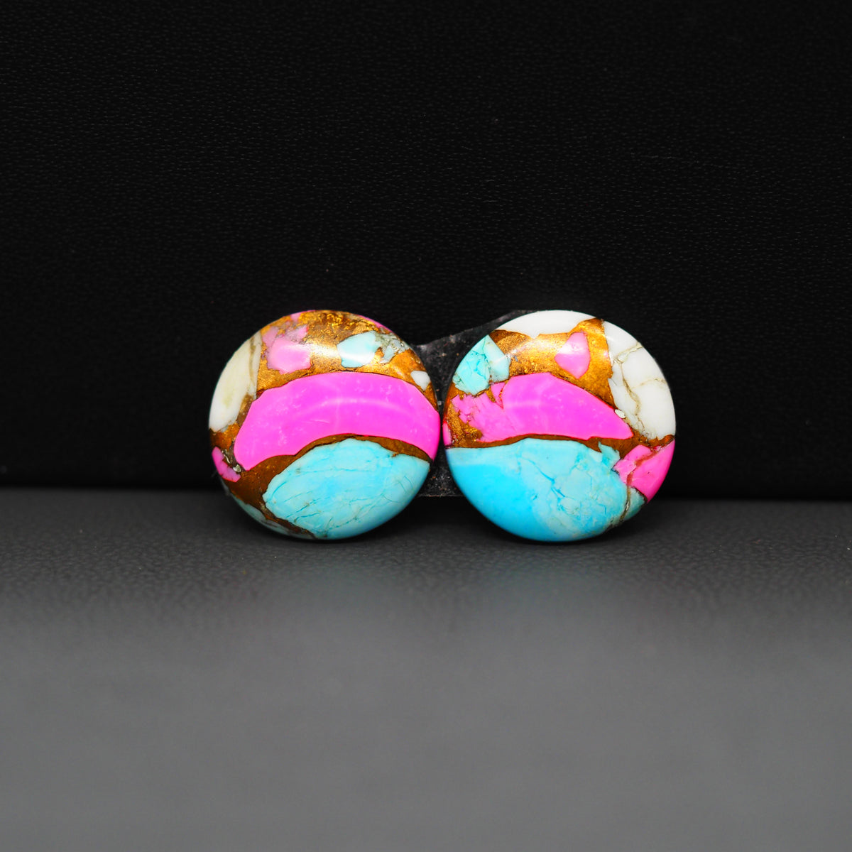 Cotton Candy Round Cabochon Pair 15x15x3mm 12.5ct - turquoise blue, pink and white - Pedra Gems