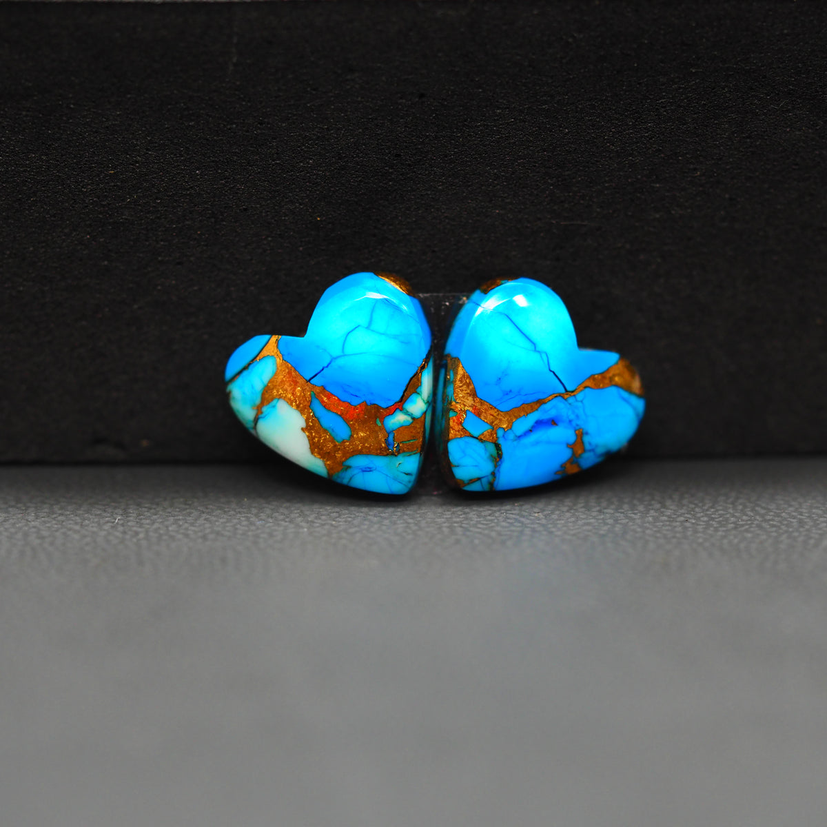 Kingman Ice Blue Dahlia Heart Cabochon Pair 13x12x3mm 9.5ct - icy blue and white stone with copper veining - Pedra Gems