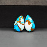 Kingman Ice Blue Dahlia Pear Cabochon Pair 18x11x3mm 11.5ct - icy blue and white stone with copper veining - Pedra Gems