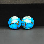 Kingman Ice Blue Dahlia Round Cabochon Pair 14x14x3mm 11ct - icy blue and white stone with copper veining - Pedra Gems