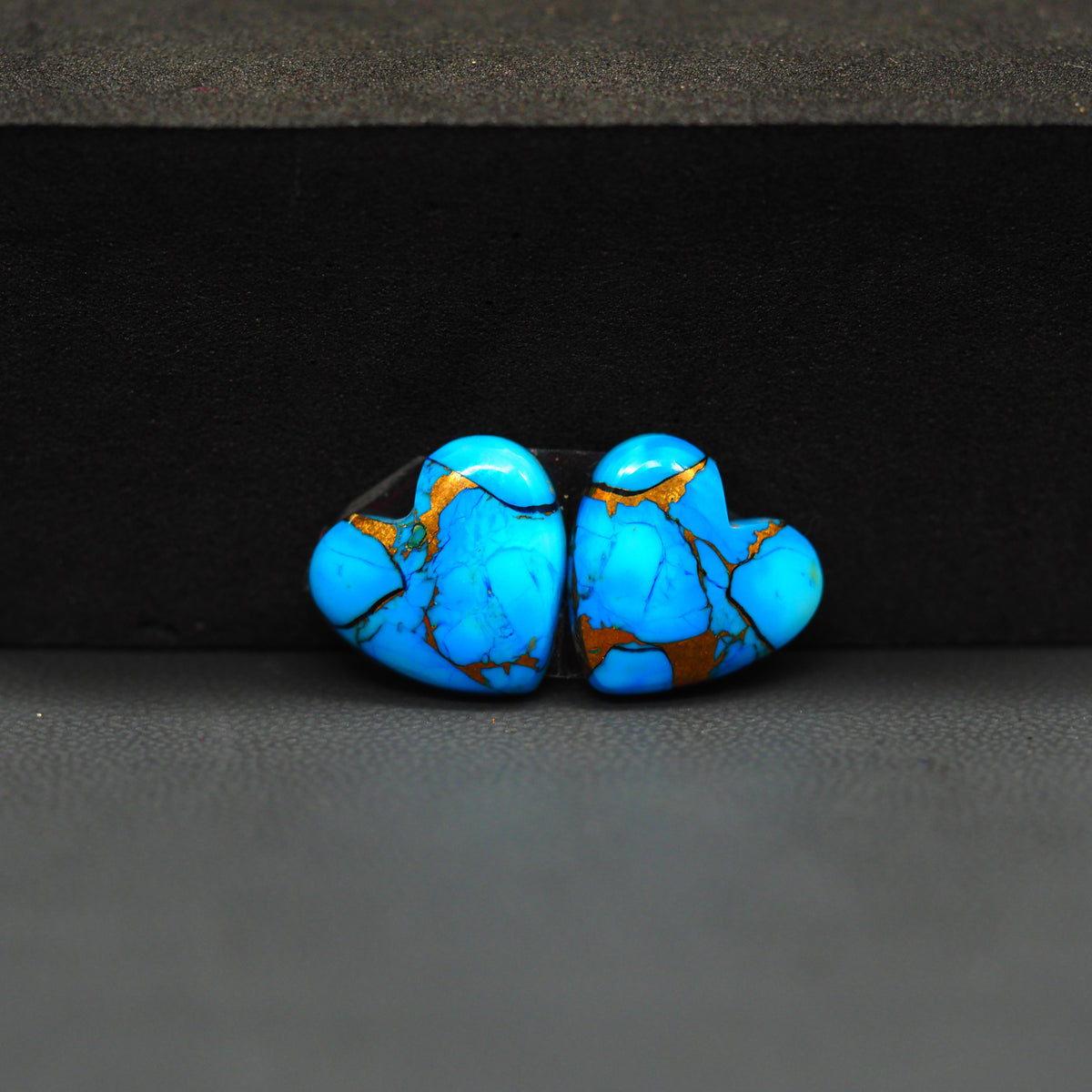 Kingman Ice Blue Dahlia Heart Cabochon Pair 13x13x3mm 10ct - icy blue and white stone with copper veining - Pedra Gems