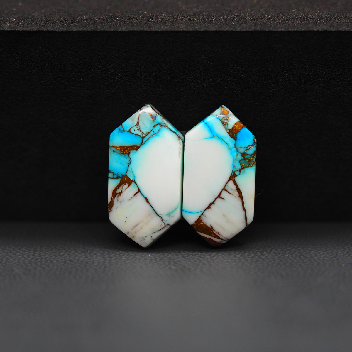 Kingman Ice Blue Dahlia Composite Hexagon Cabochon Pair 19x10x3mm 11.5ct - icy blue and white stone with copper veining - Pedra Gems