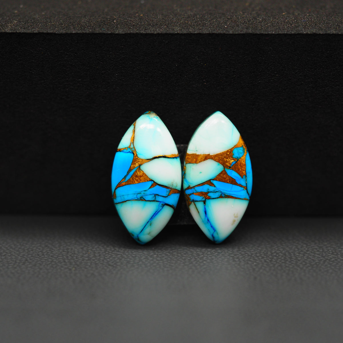Kingman Ice Blue Dahlia Composite Marquise Cabochon Pair 19x10x3mm 11.5ct - icy blue and white stone with copper veining - Pedra Gems