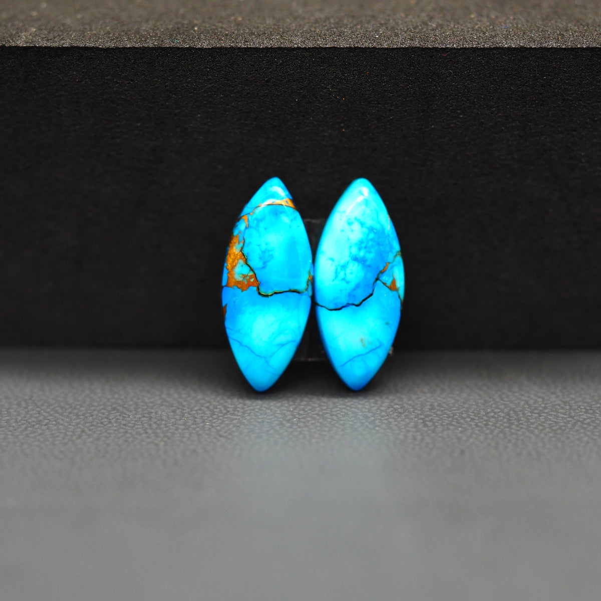 Kingman Ice Blue Dahlia Composite Marquise Cabochon Pair 19x8x3mm 8.5ct - icy blue and white stone with copper veining - Pedra Gems
