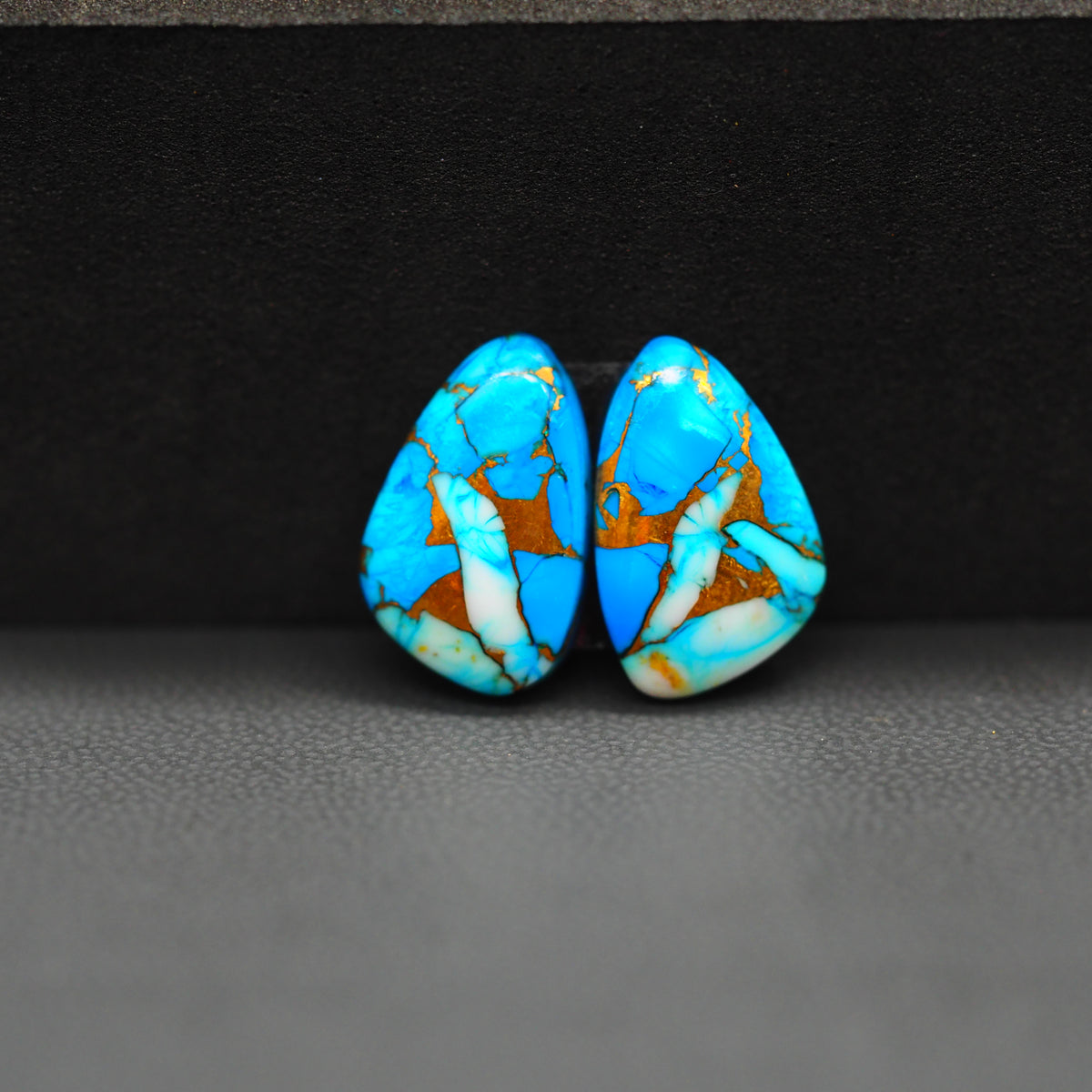 Kingman Ice Blue Dahlia Composite Freeform Cabochon Pair 16x10x3mm 10.5ct - icy blue and white stone with copper veining - Pedra Gems