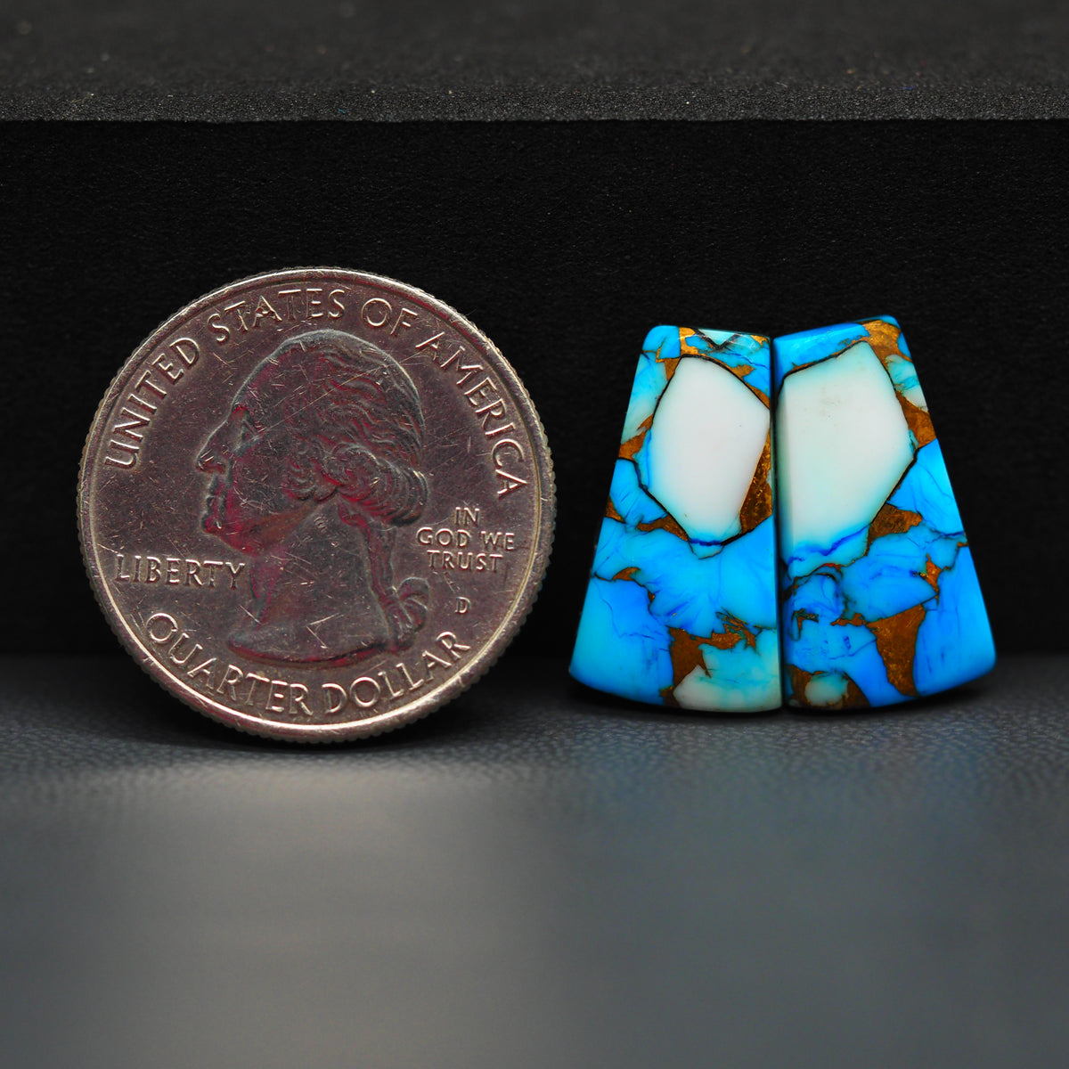 Kingman Ice Blue Dahlia Composite Trapezoid Cabochon Pair 19x11x3mm 12.5ct - icy blue and white stone with copper veining - Pedra Gems