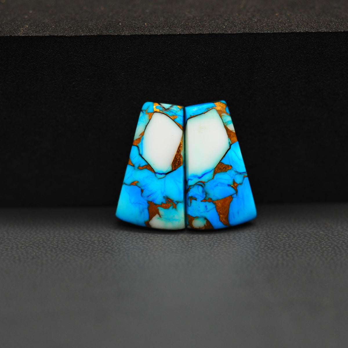 Kingman Ice Blue Dahlia Composite Trapezoid Cabochon Pair 19x11x3mm 12.5ct - icy blue and white stone with copper veining - Pedra Gems