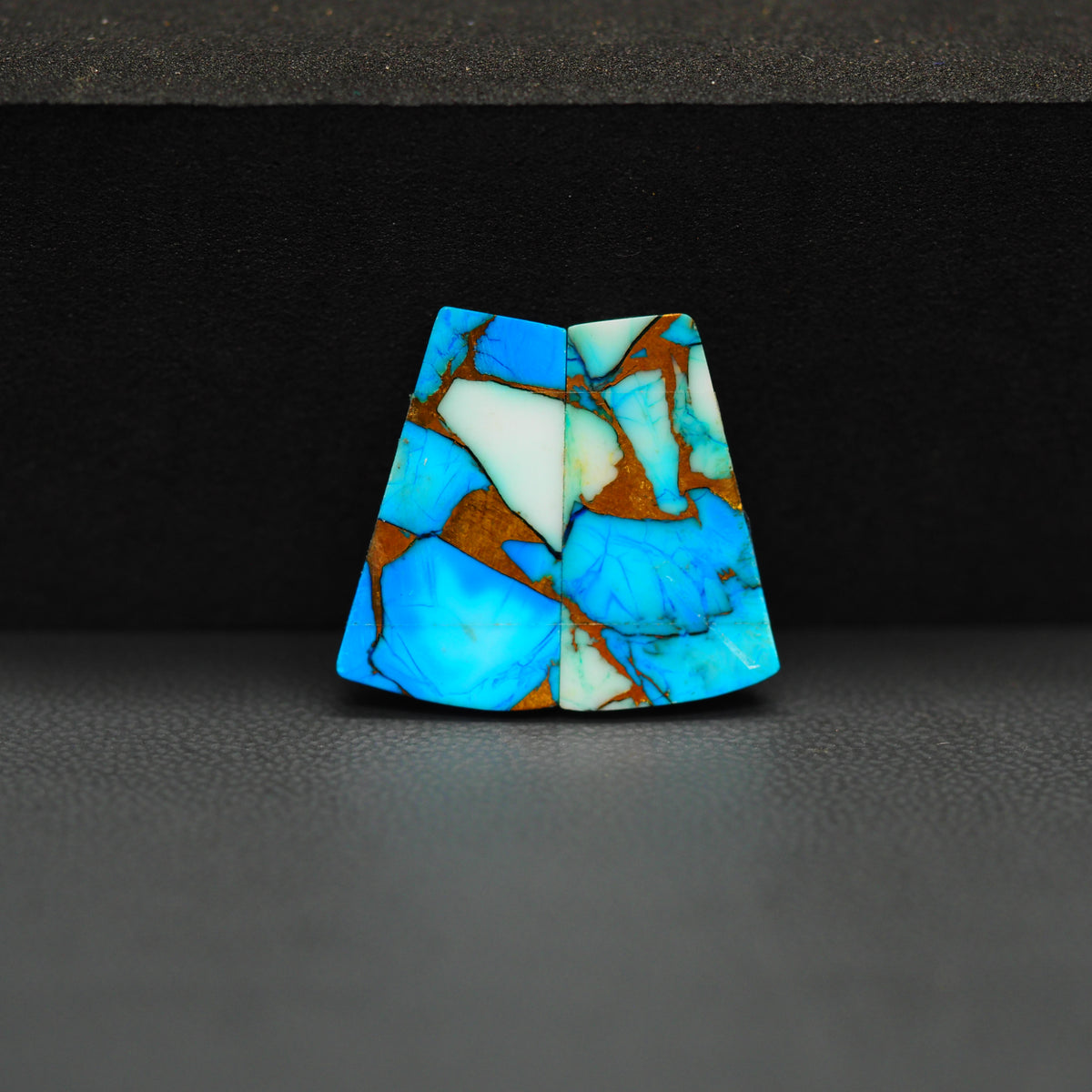 Kingman Ice Blue Dahlia Composite Trapezoid Cabochon Pair 19x11x3mm 12.5ct - icy blue and white stone with copper veining - Pedra Gems