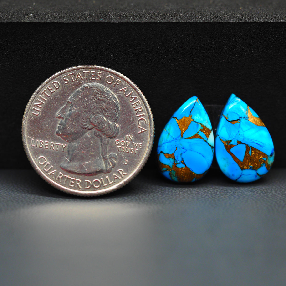 Kingman Ice Blue Dahlia Composite Pear Cabochon Pair 16x12x4mm 10.5ct - icy blue and white stone with copper veining - Pedra Gems